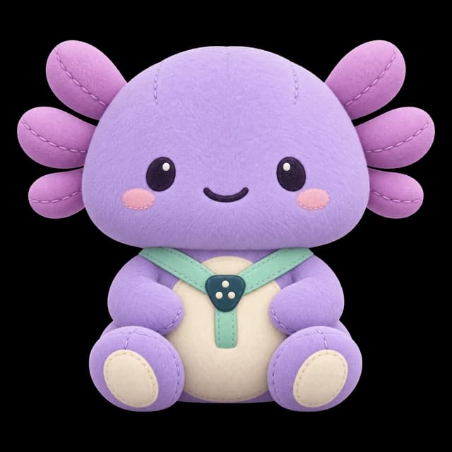 Manas, the Kaizen Manas mascot: a purple axolotl plush wearing a teal harness