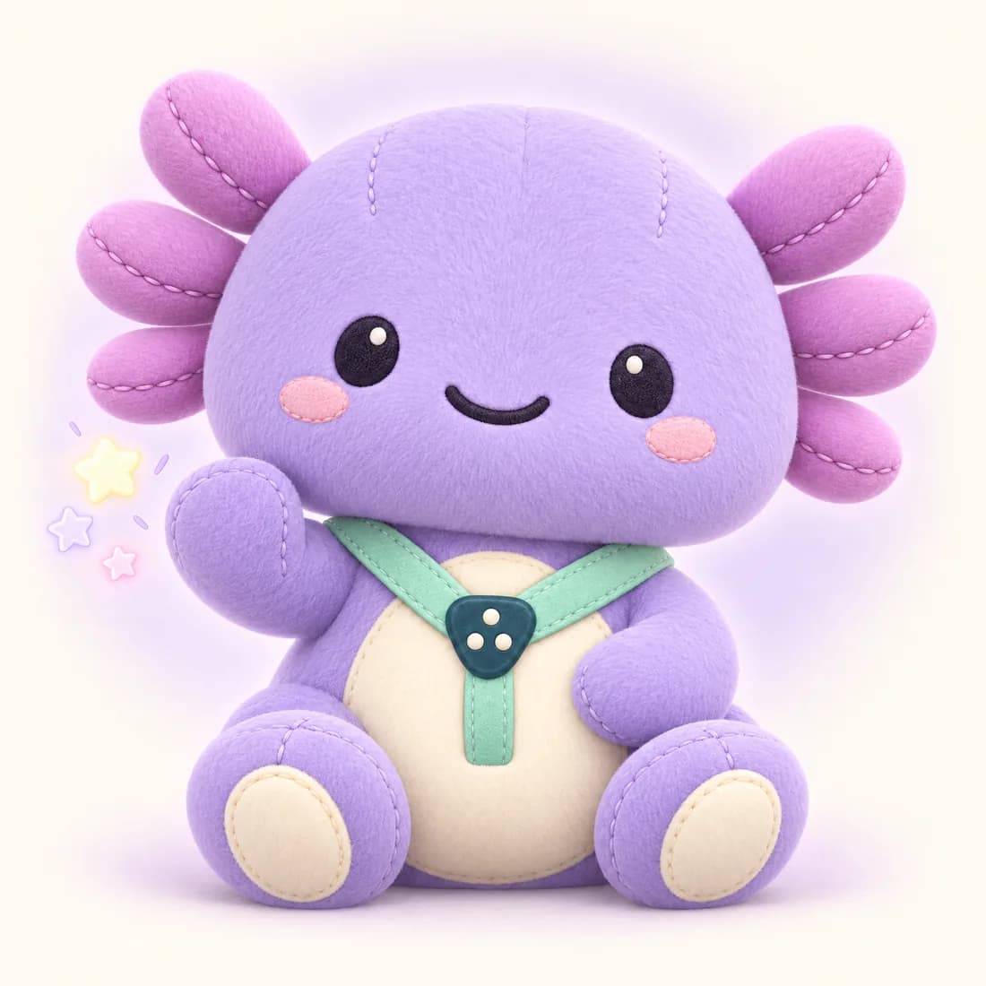 Manas, the purple axolotl plush, waving hello
